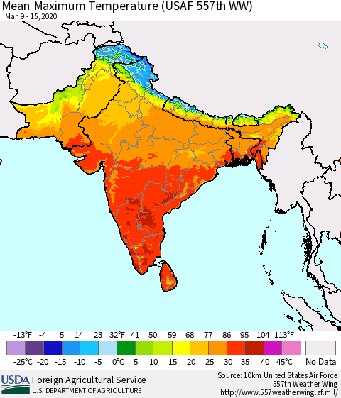 Southern Asia Maximum Temperature (USAF 557th WW) Thematic Map For 3/9/2020 - 3/15/2020