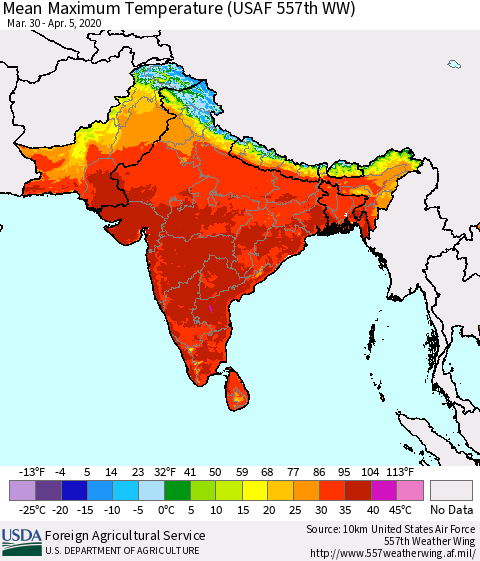 Southern Asia Maximum Temperature (USAF 557th WW) Thematic Map For 3/30/2020 - 4/5/2020