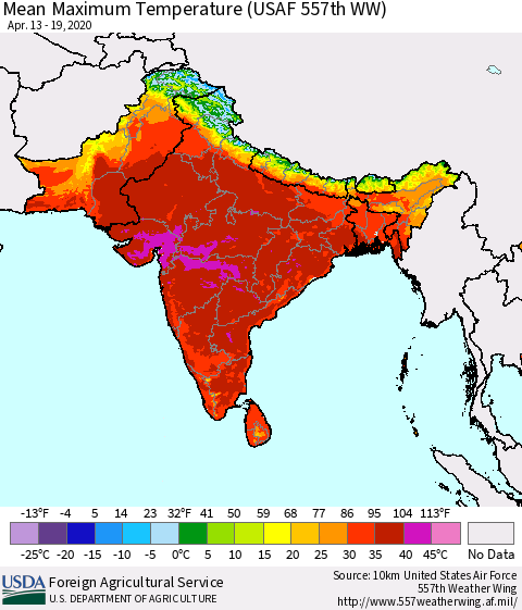 Southern Asia Maximum Temperature (USAF 557th WW) Thematic Map For 4/13/2020 - 4/19/2020