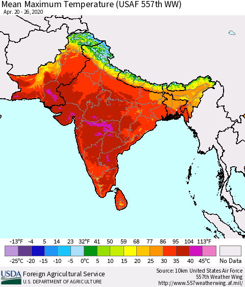 Southern Asia Maximum Temperature (USAF 557th WW) Thematic Map For 4/20/2020 - 4/26/2020