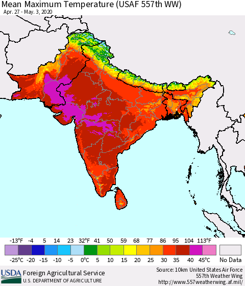 Southern Asia Maximum Temperature (USAF 557th WW) Thematic Map For 4/27/2020 - 5/3/2020