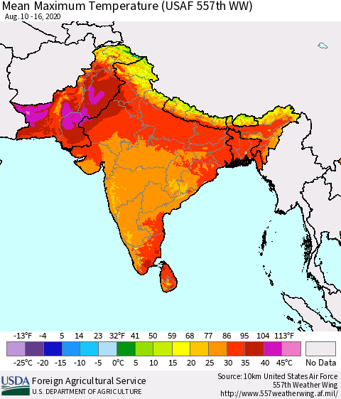 Southern Asia Maximum Temperature (USAF 557th WW) Thematic Map For 8/10/2020 - 8/16/2020