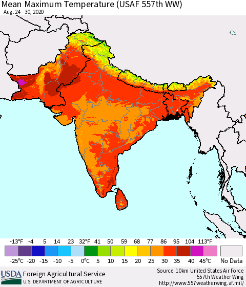 Southern Asia Maximum Temperature (USAF 557th WW) Thematic Map For 8/24/2020 - 8/30/2020