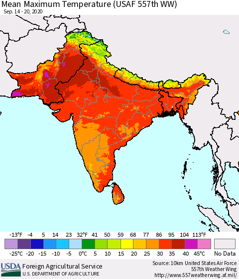 Southern Asia Mean Maximum Temperature (USAF 557th WW) Thematic Map For 9/14/2020 - 9/20/2020