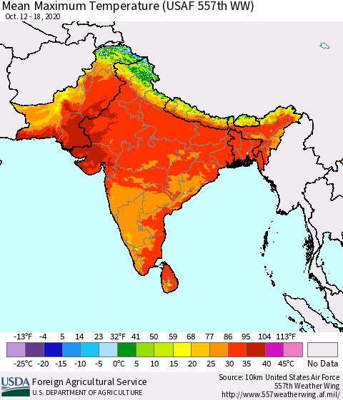 Southern Asia Mean Maximum Temperature (USAF 557th WW) Thematic Map For 10/12/2020 - 10/18/2020
