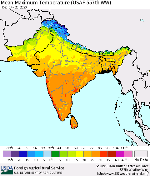 Southern Asia Mean Maximum Temperature (USAF 557th WW) Thematic Map For 12/14/2020 - 12/20/2020