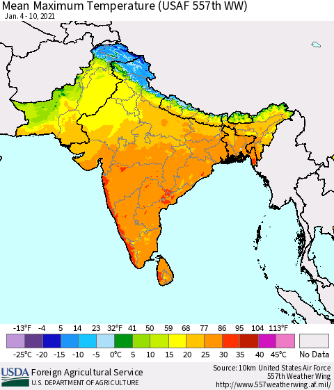 Southern Asia Maximum Temperature (USAF 557th WW) Thematic Map For 1/4/2021 - 1/10/2021