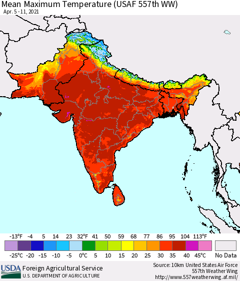 Southern Asia Maximum Temperature (USAF 557th WW) Thematic Map For 4/5/2021 - 4/11/2021