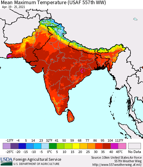 Southern Asia Maximum Temperature (USAF 557th WW) Thematic Map For 4/19/2021 - 4/25/2021