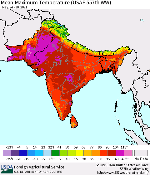 Southern Asia Maximum Temperature (USAF 557th WW) Thematic Map For 5/24/2021 - 5/30/2021