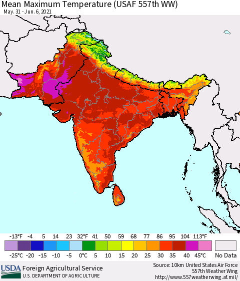 Southern Asia Maximum Temperature (USAF 557th WW) Thematic Map For 5/31/2021 - 6/6/2021