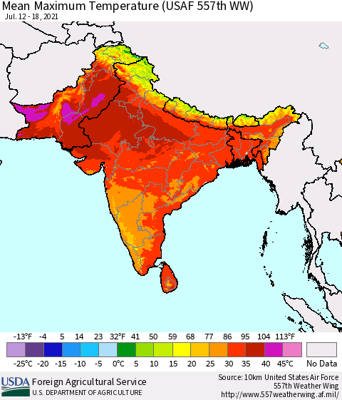 Southern Asia Maximum Temperature (USAF 557th WW) Thematic Map For 7/12/2021 - 7/18/2021