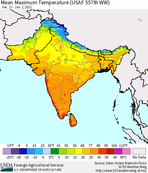 Southern Asia Maximum Temperature (USAF 557th WW) Thematic Map For 12/27/2021 - 1/2/2022