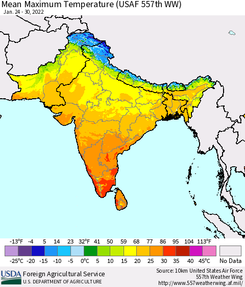 Southern Asia Mean Maximum Temperature (USAF 557th WW) Thematic Map For 1/24/2022 - 1/30/2022