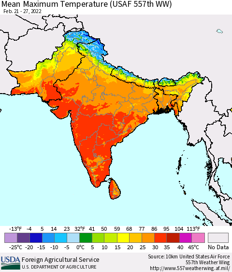 Southern Asia Mean Maximum Temperature (USAF 557th WW) Thematic Map For 2/21/2022 - 2/27/2022