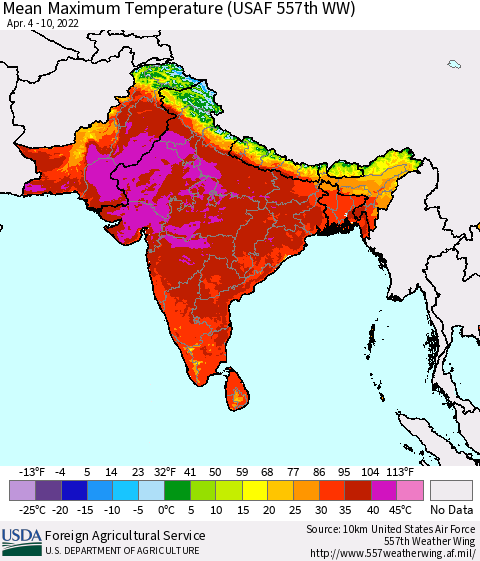 Southern Asia Mean Maximum Temperature (USAF 557th WW) Thematic Map For 4/4/2022 - 4/10/2022