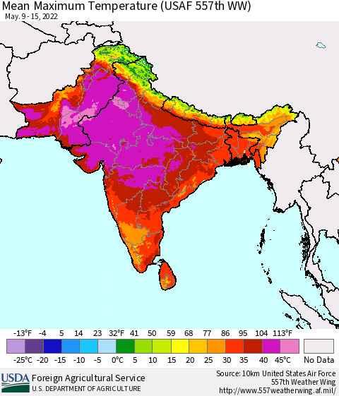 Southern Asia Maximum Temperature (USAF 557th WW) Thematic Map For 5/9/2022 - 5/15/2022