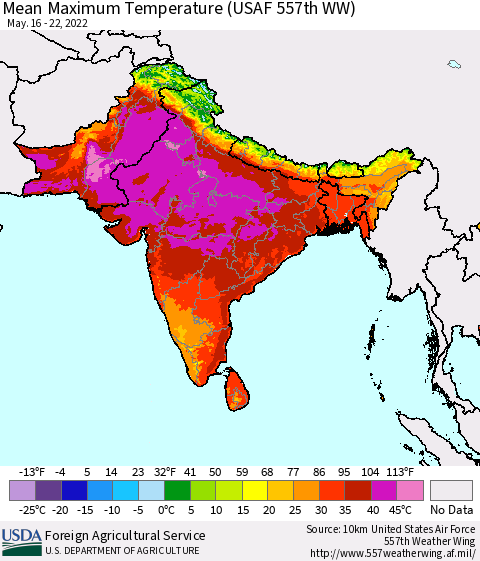 Southern Asia Mean Maximum Temperature (USAF 557th WW) Thematic Map For 5/16/2022 - 5/22/2022
