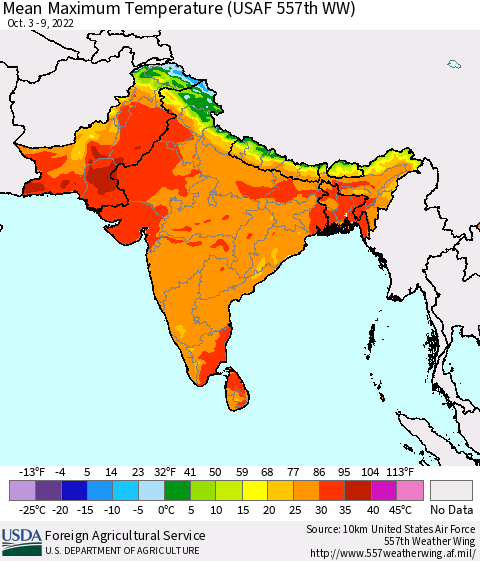 Southern Asia Mean Maximum Temperature (USAF 557th WW) Thematic Map For 10/3/2022 - 10/9/2022