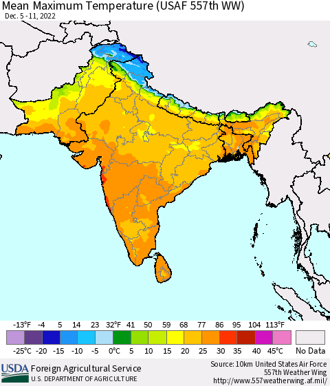 Southern Asia Mean Maximum Temperature (USAF 557th WW) Thematic Map For 12/5/2022 - 12/11/2022
