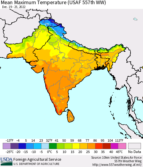 Southern Asia Mean Maximum Temperature (USAF 557th WW) Thematic Map For 12/19/2022 - 12/25/2022