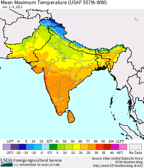 Southern Asia Mean Maximum Temperature (USAF 557th WW) Thematic Map For 1/2/2023 - 1/8/2023