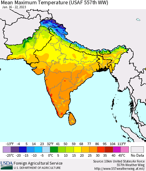 Southern Asia Mean Maximum Temperature (USAF 557th WW) Thematic Map For 1/16/2023 - 1/22/2023
