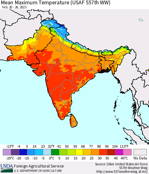 Southern Asia Mean Maximum Temperature (USAF 557th WW) Thematic Map For 2/20/2023 - 2/26/2023
