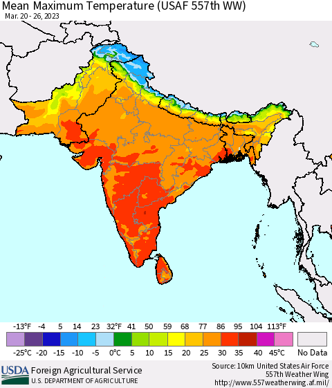 Southern Asia Mean Maximum Temperature (USAF 557th WW) Thematic Map For 3/20/2023 - 3/26/2023