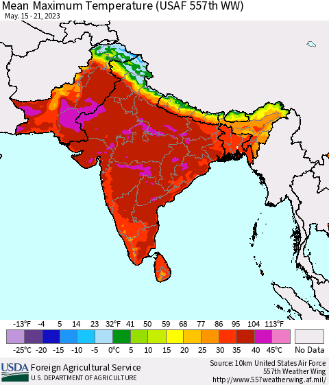 Southern Asia Mean Maximum Temperature (USAF 557th WW) Thematic Map For 5/15/2023 - 5/21/2023