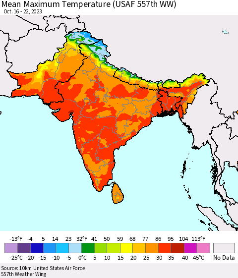 Southern Asia Mean Maximum Temperature (USAF 557th WW) Thematic Map For 10/16/2023 - 10/22/2023