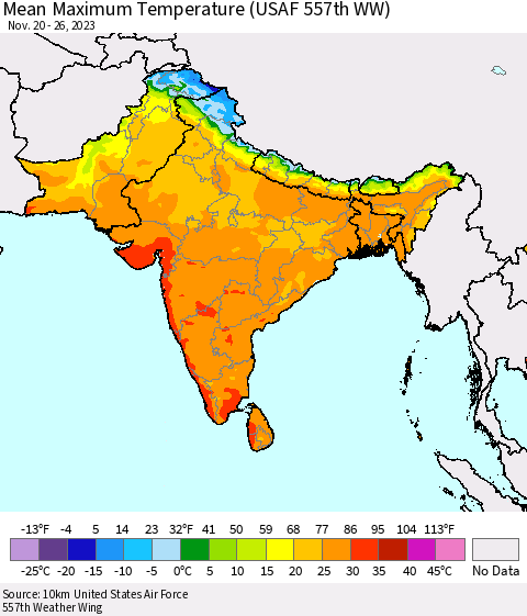 Southern Asia Mean Maximum Temperature (USAF 557th WW) Thematic Map For 11/20/2023 - 11/26/2023