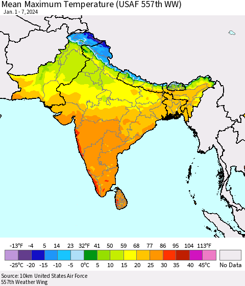 Southern Asia Mean Maximum Temperature (USAF 557th WW) Thematic Map For 1/1/2024 - 1/7/2024