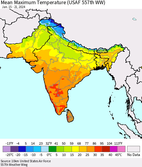 Southern Asia Mean Maximum Temperature (USAF 557th WW) Thematic Map For 1/15/2024 - 1/21/2024