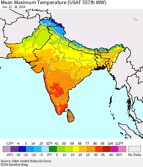 Southern Asia Mean Maximum Temperature (USAF 557th WW) Thematic Map For 1/22/2024 - 1/28/2024