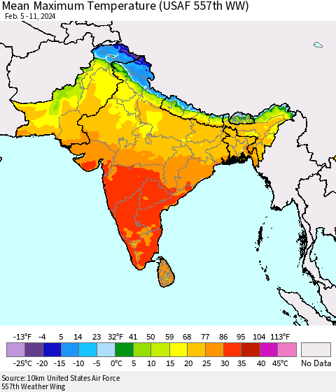 Southern Asia Mean Maximum Temperature (USAF 557th WW) Thematic Map For 2/5/2024 - 2/11/2024