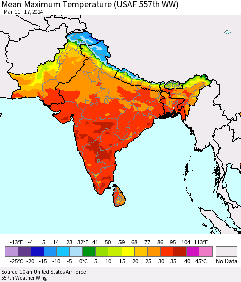 Southern Asia Mean Maximum Temperature (USAF 557th WW) Thematic Map For 3/11/2024 - 3/17/2024