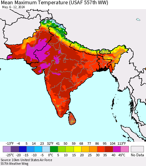 Southern Asia Mean Maximum Temperature (USAF 557th WW) Thematic Map For 5/6/2024 - 5/12/2024