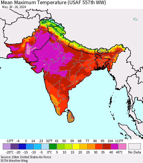 Southern Asia Mean Maximum Temperature (USAF 557th WW) Thematic Map For 5/20/2024 - 5/26/2024