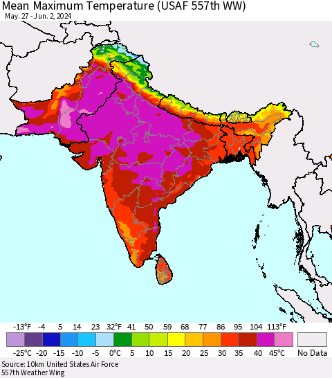 Southern Asia Mean Maximum Temperature (USAF 557th WW) Thematic Map For 5/27/2024 - 6/2/2024