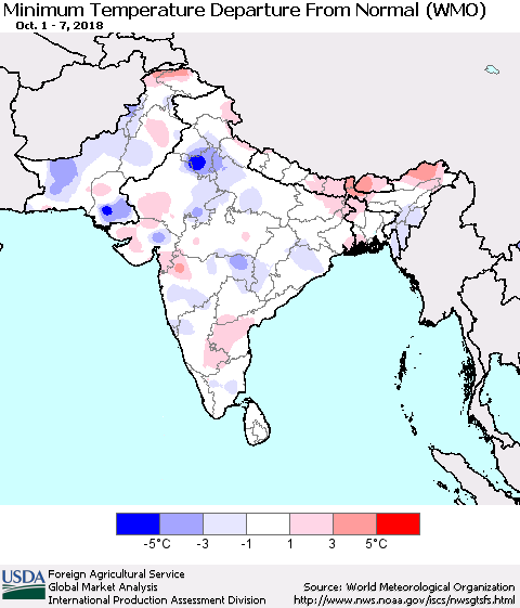 Southern Asia Mean Minimum Temperature Departure from Normal (WMO) Thematic Map For 10/1/2018 - 10/7/2018
