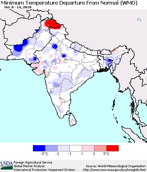 Southern Asia Mean Minimum Temperature Departure from Normal (WMO) Thematic Map For 10/8/2018 - 10/14/2018