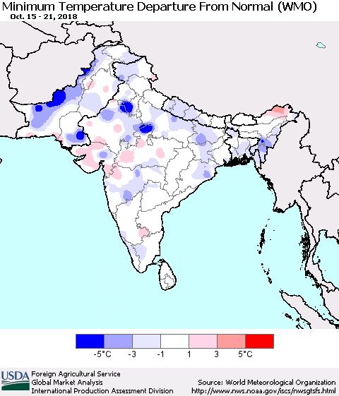 Southern Asia Mean Minimum Temperature Departure from Normal (WMO) Thematic Map For 10/15/2018 - 10/21/2018