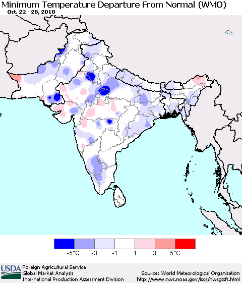 Southern Asia Mean Minimum Temperature Departure from Normal (WMO) Thematic Map For 10/22/2018 - 10/28/2018