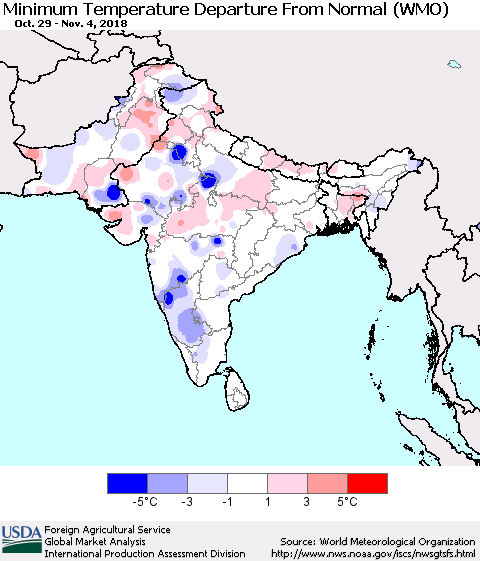 Southern Asia Mean Minimum Temperature Departure from Normal (WMO) Thematic Map For 10/29/2018 - 11/4/2018
