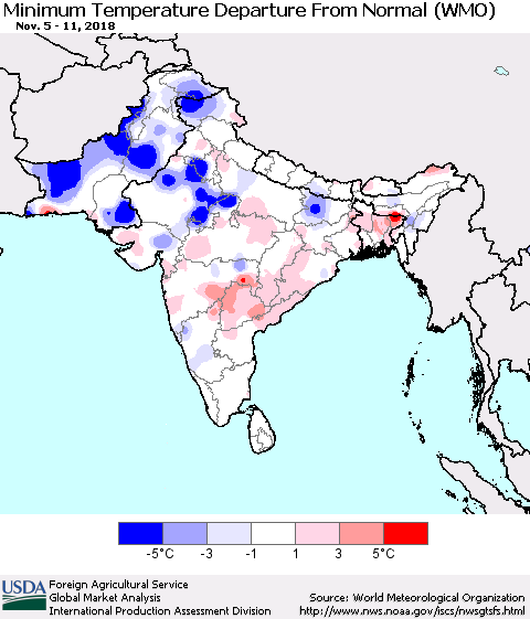 Southern Asia Mean Minimum Temperature Departure from Normal (WMO) Thematic Map For 11/5/2018 - 11/11/2018