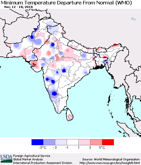 Southern Asia Mean Minimum Temperature Departure from Normal (WMO) Thematic Map For 11/12/2018 - 11/18/2018