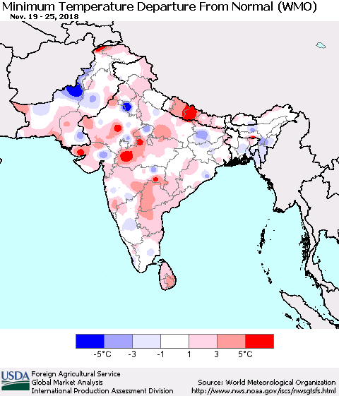 Southern Asia Mean Minimum Temperature Departure from Normal (WMO) Thematic Map For 11/19/2018 - 11/25/2018