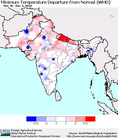 Southern Asia Mean Minimum Temperature Departure from Normal (WMO) Thematic Map For 11/26/2018 - 12/2/2018
