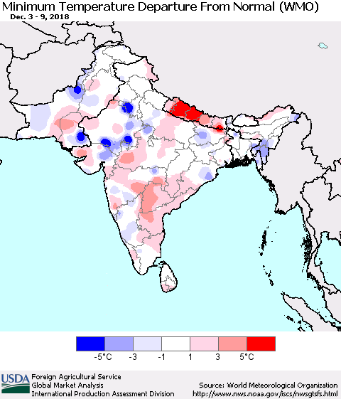 Southern Asia Mean Minimum Temperature Departure from Normal (WMO) Thematic Map For 12/3/2018 - 12/9/2018